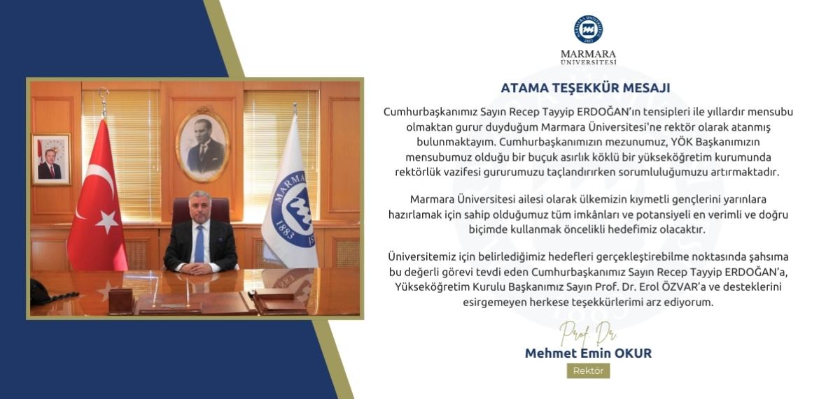 Rektörümüz Prof. Dr. Mehmet Emin Okur'dan atama kararıyla ilgili teşekkür mesajı