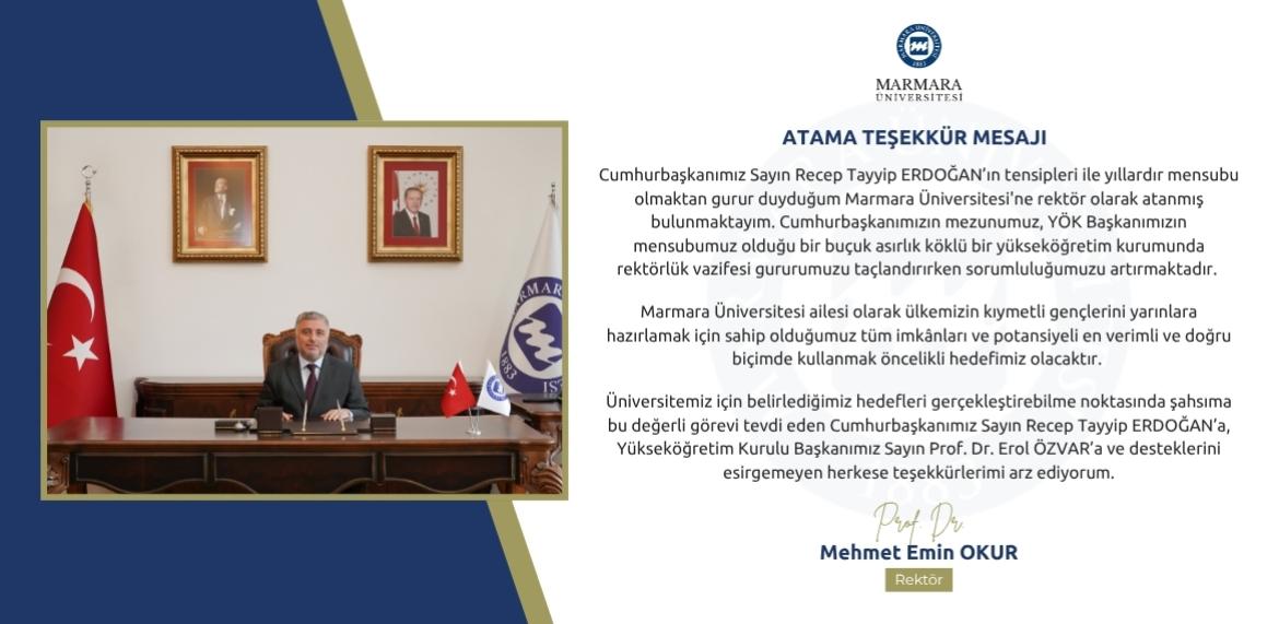 Rektörümüz Prof. Dr. Mehmet Emin Okur'dan atama kararıyla ilgili teşekkür mesajı